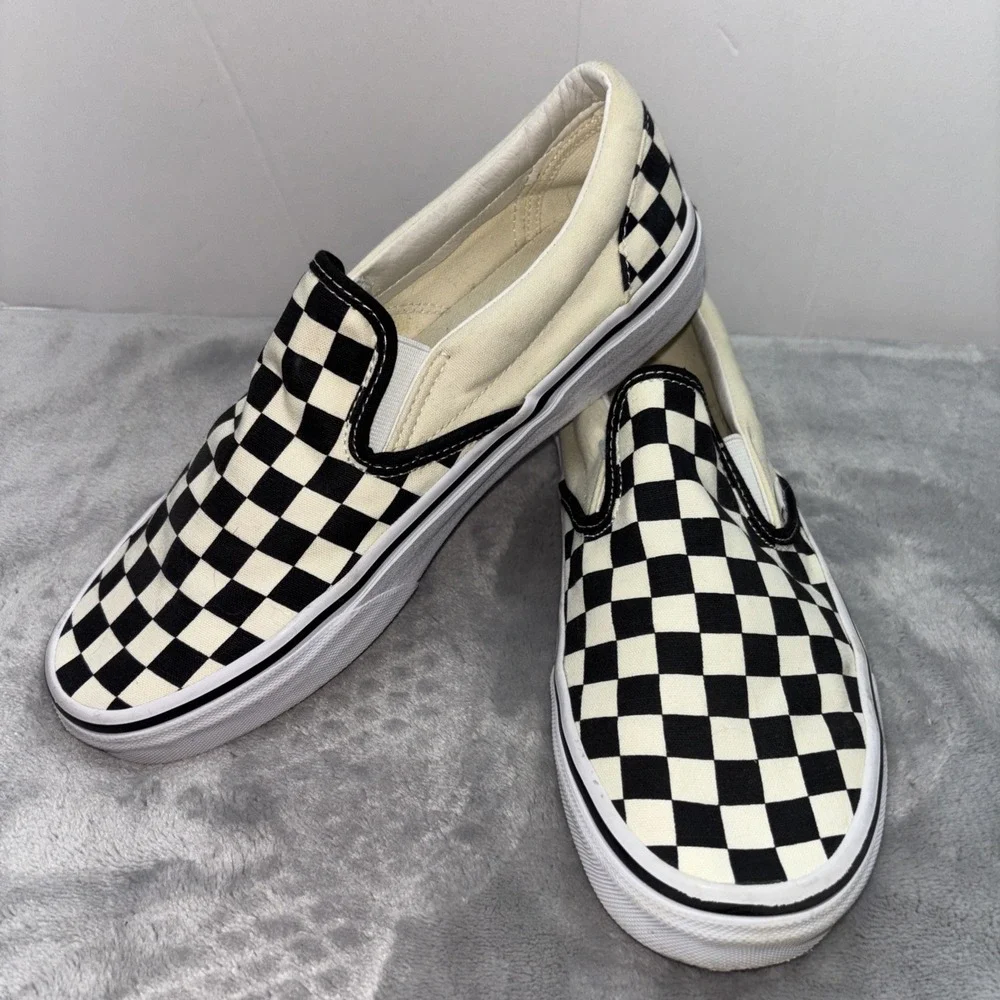 Off the Wall Black and Cream Checkered Canvas Slip On  Men 7.5
